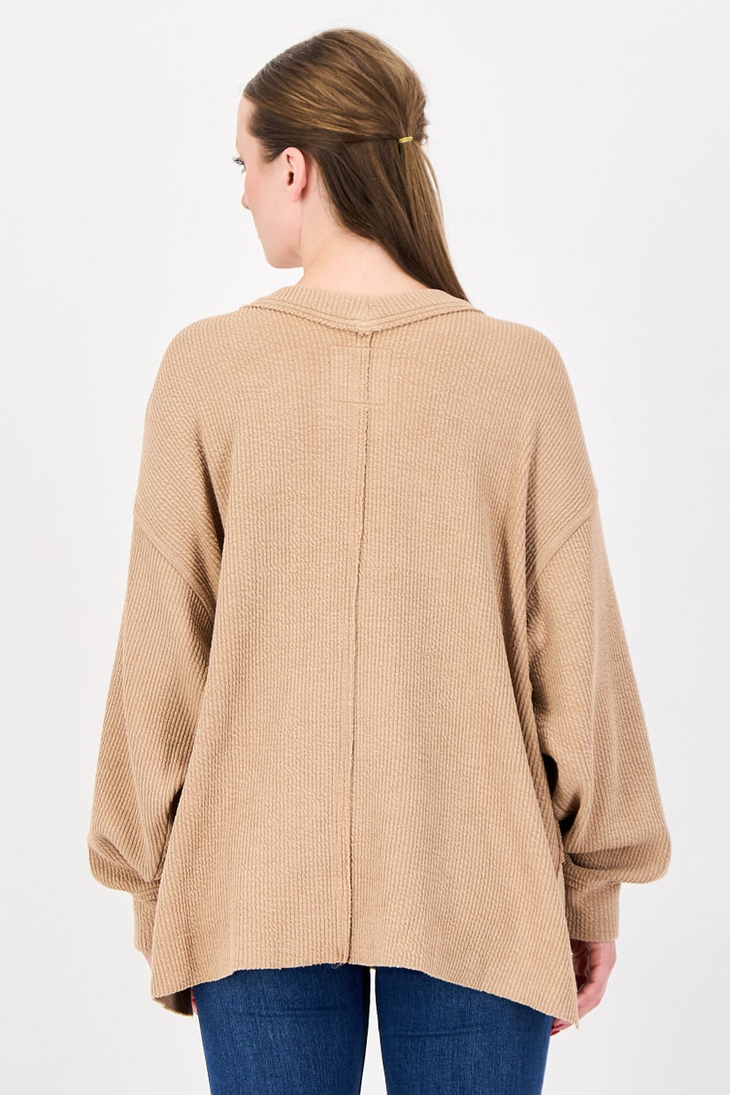 Aerie Women V-Neck Knitted Sweater, Tan - Image 3
